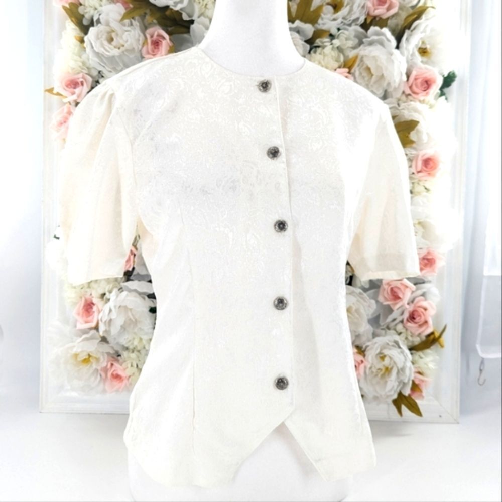 Paper Dolls Ivory Satin Floral Puff Shoulder Button Down Blouse Size Medium